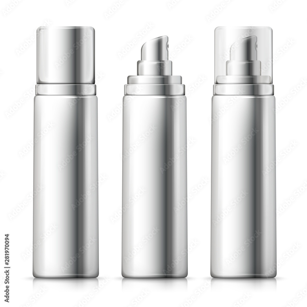 Vector set - 3d realistic metallic spray bottles with silver and transparent caps. Mock-up for product package branding. Vector set - 3d realistic metallic spray bottles with silver and transparent caps. Mock-up for product package branding.