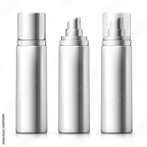 Vector set - 3d realistic metallic spray bottles with silver and transparent caps. Mock-up for product package branding.