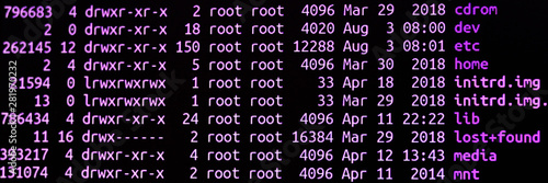 Shows the root of the disk on the server. The screen of the text monitor in the Linux system.
