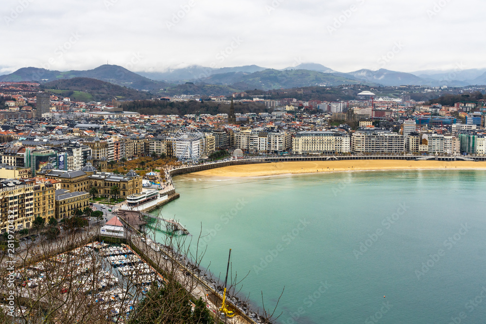 Panoramic view of San Sebastian and La Concha beach in winter viewed from Monte Urgull, Basque Country, Spain.