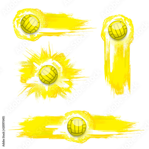 Set of grunge yellow frames witth waterpolo balls isolated on white background