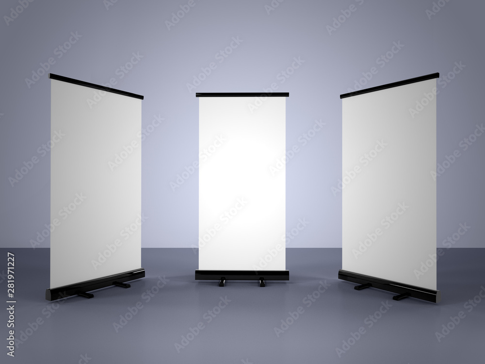 3D rendering of blank vertical rollup (empty billboard advertisement) on gray background. Empty mockup template 3D rendering of blank vertical rollup (empty billboard advertisement) on gray background. Empty mockup template