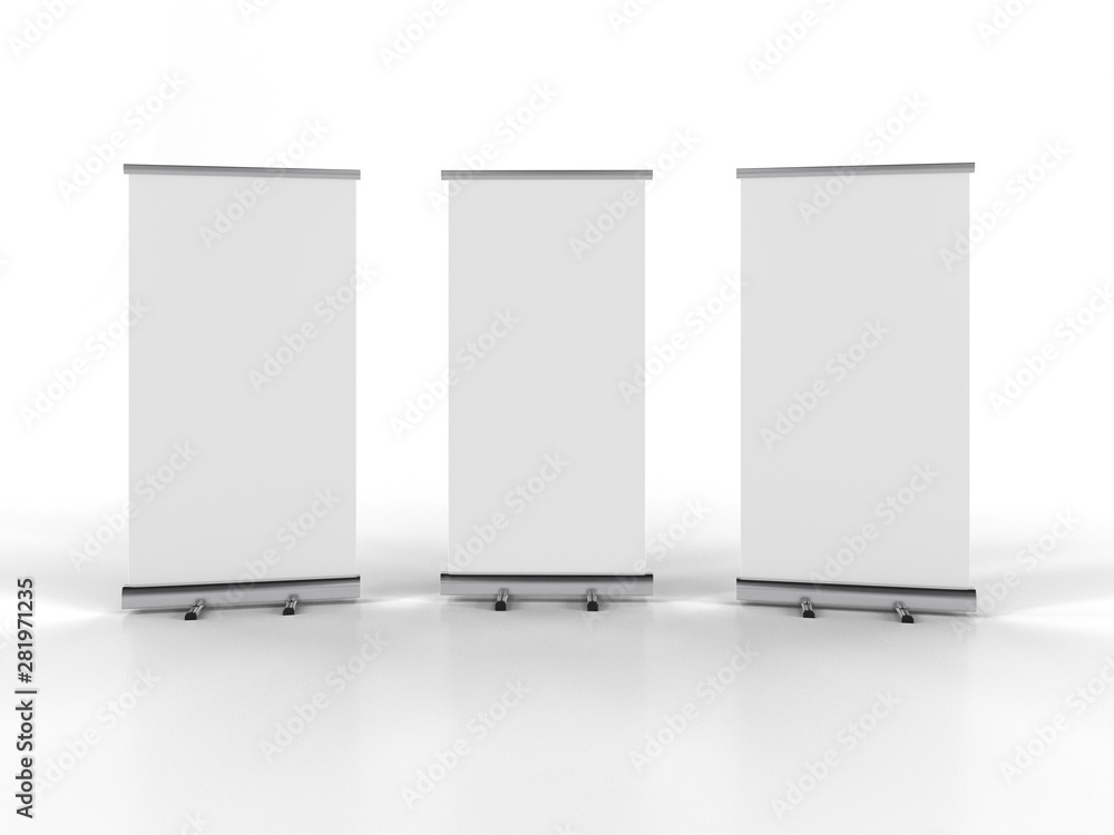 3D rendering of blank vertical rollup (empty billboard advertisement) isolated on white background. Empty mockup template 3D rendering of blank vertical rollup (empty billboard advertisement) isolated on white background. Empty mockup template