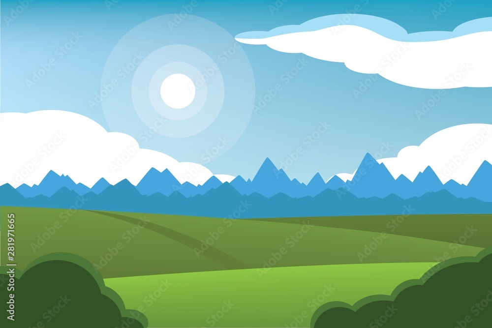 Fototapeta premium Horizontal romantic rural landscape. Farmland vector illustration