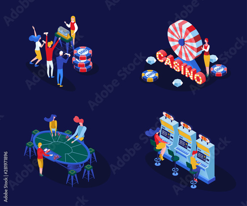 Casino games isometric vector illustrations set. Male and female gamblers playing poker, blackjack card games isolated 3D color cliparts pack. Gambling business, addictive entertainment