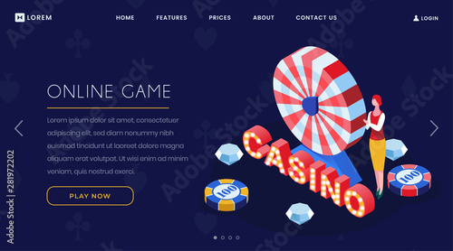 Online casino game isometric landing page. Internet gambling business, casino luxury roulette striped wheel 3D website homepage color layout. Modern entertainment, online bets, fortune wheel