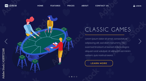 Casino card games isometric landing page. Gamblers group playing blackjack, croupier and players sitting at poker table 3d illustration. Gambling business, entertainment website homepage