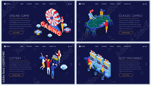 Casino games isometric landing pages set. Slot machines, lottery, classic casino entertainment website homepage templates pack. Online gambling and amusement business web banner color layout
