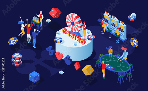Casino gambling games isometric vector illustration. Gamblers playing poker, blackjack card games and bingo lottery 3D characters. Gambling business, addictive entertainment color drawing