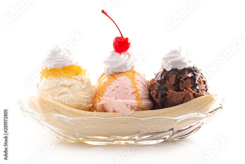 A Classic Banana Split Isolated on a White Background photo