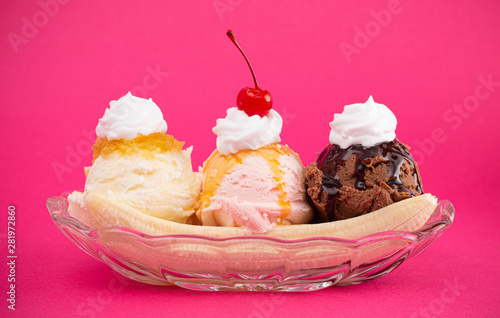 Classic Banana Split on a Bright Pink Background