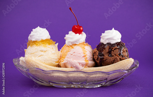 Classic Banana Split on a Bright Purple Background photo