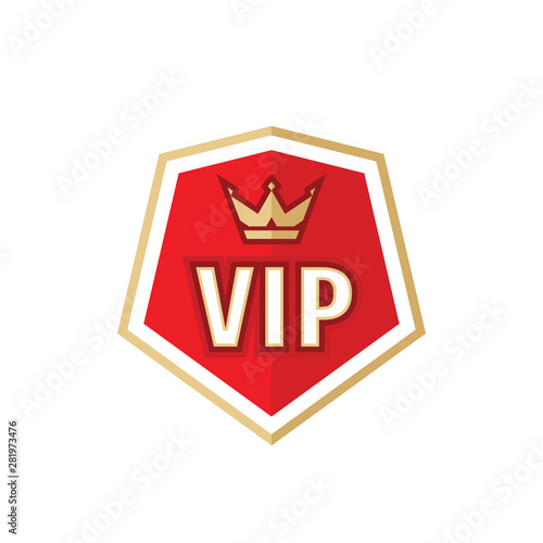 VIP badge logo design element. Gold crown on red shield. Vector illustration. 