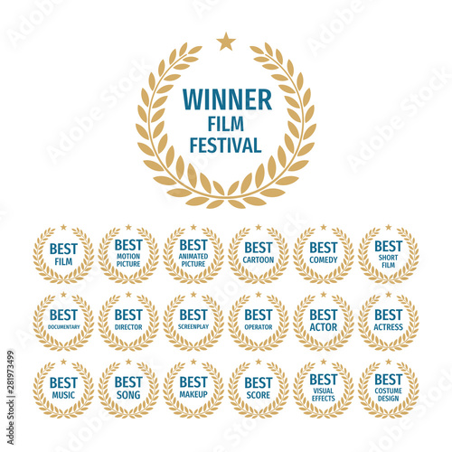 Winner film festival - set of badges on white background. Best film emblem icons. Text in laurel wreath frame. Vector illustration. Design elements.
