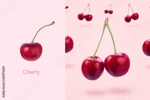 Creative layout made of red cherry, over pink background, creative minimalism