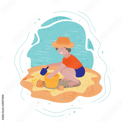 Little smiling boy playing with a bucket and shovel sitting in the sand near the water. Happy child on the beach. Flat style, isolated on white. Vector illustration.