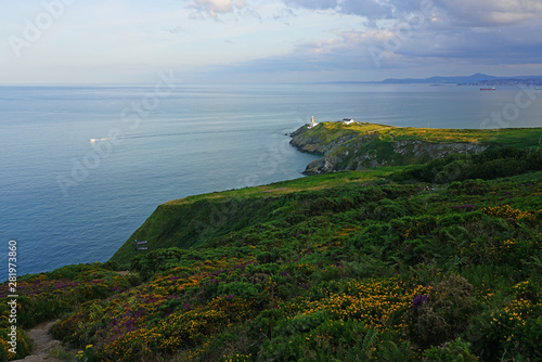 Photography View of green heather fields, the Baily Lighthouse and the Irish Sea seen from t