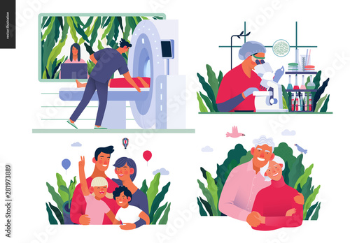Set of medical insurance - MRT - magnetic resonance tomography, chemical laboratory analysis, family health and wellness, senior citizen health plan - modern flat vector concept digital illustrations