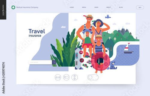 Travel insurance -medical insurance illustration -modern flat vector concept digital illustration - young family with two kids, big suitcase and swimming circle wearing vintage swimsuits at the beach