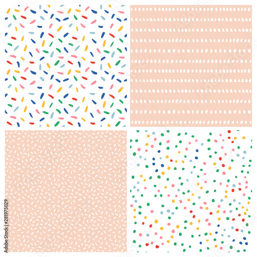 Abstract vector pattern set. Collection of festive seamless background with confetti, dots and sprinkles.