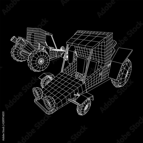 Off road dune buggy car. Terrain vehicle. Outdoor car racing, extreme sport concept. Wireframe low poly mesh vector illustration