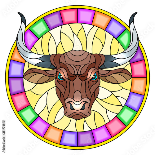 Illustration in stained glass style with  bull head in round bright frame on white background