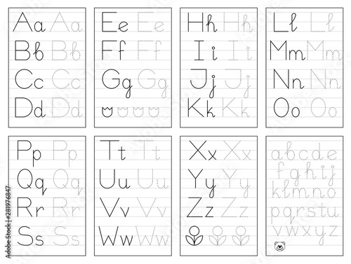 Set of black and white educational pages on line for kids. Trace alphabet letters. Printable worksheet for children textbook. Developing skills of writing. Vector for baby book. Back to school.
