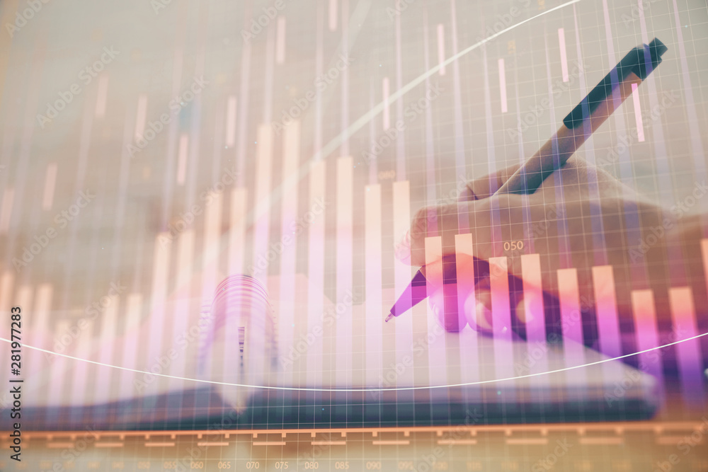 Forex graph on hand taking notes background. Concept of research. Multi exposure Forex graph on hand taking notes background. Concept of research. Multi exposure