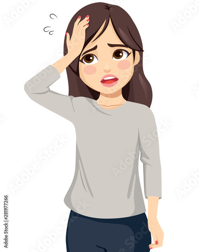 Girl hand on head forgot something making worried face expression