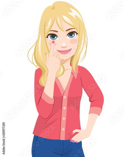 Beautiful blonde woman pointing eye watching you gesture