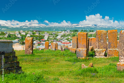 sight of Armenia ancient cemetery Noratus with stone khachkars photo