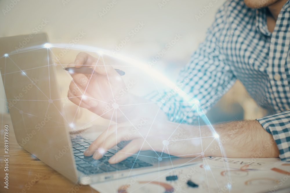 Social network theme hologram with businessman working on computer on background. Concept of world wide web. Double exposure.