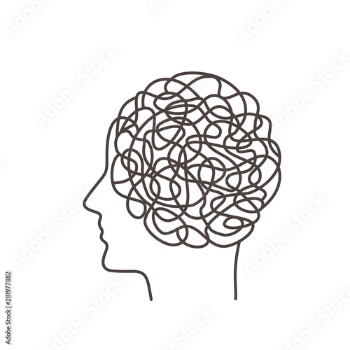 Chaos in thoughts determines human behavior. concept of psychology. Human brains on the background of the profile of a person in a linear style.