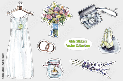 Set of cool stickers for girls with wedding symbols