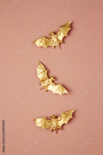 Top view of Halloween decoration with plastic bats. Party, invitation, halloween decoration