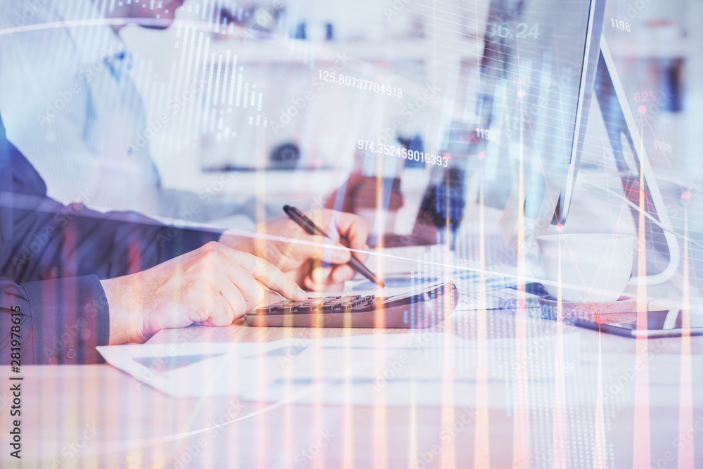 Forex graph with businessman working on computer in office on background. Concept of hardworking. Closeup. Multi exposure. Forex graph with businessman working on computer in office on background. Concept of hardworking. Closeup. Multi exposure.