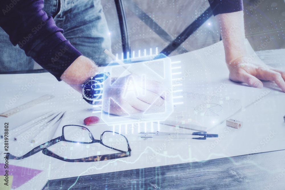 Writing man with technology icons. . Double exposure. Network and data concept. Writing man with technology icons. . Double exposure. Network and data concept.