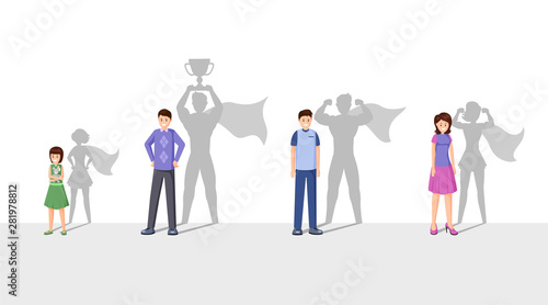 Champions flat vector illustration. Smiling people with superhero shadow, cheerful men, woman and child cartoon characters. Superheroes with cape celebrating victory, personal attainment