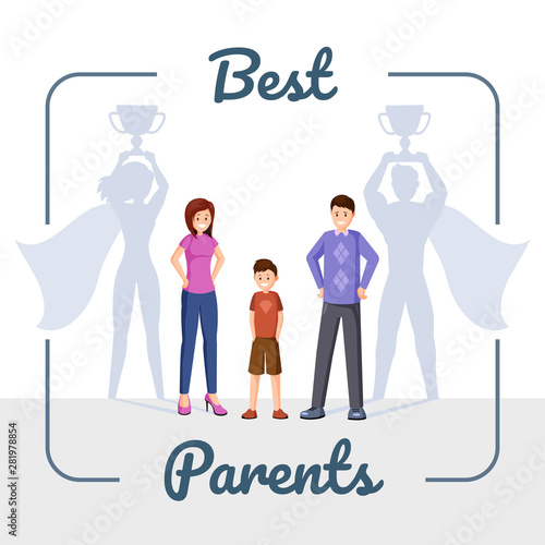 Best parents flat vector illustration. Happy family, mother and father with superhero shadow cartoon characters in frame. Successful people, ambitious and motivated couple content layout