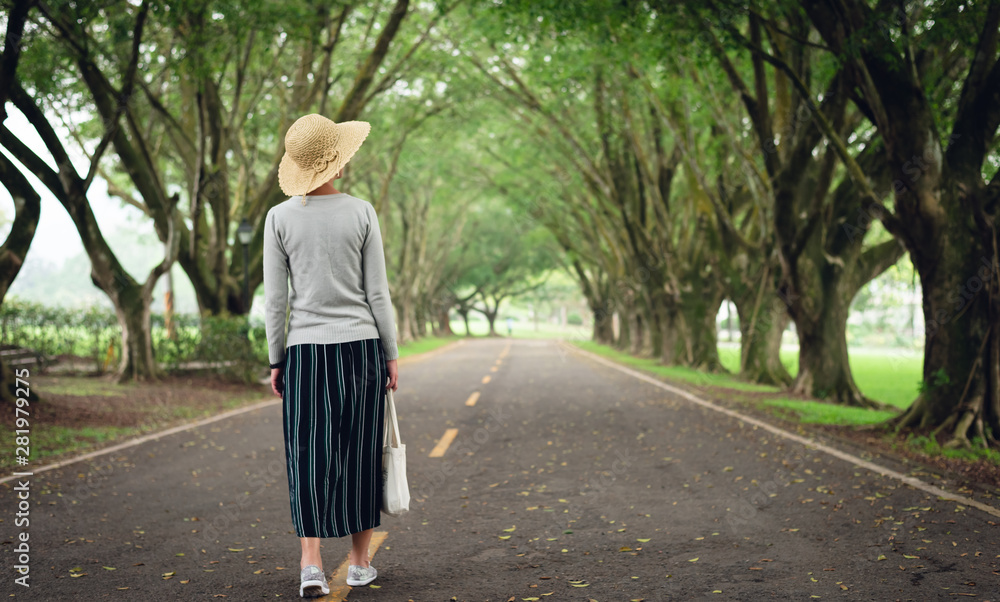 woman take a walk on the way under the trees woman take a walk on the way under the trees