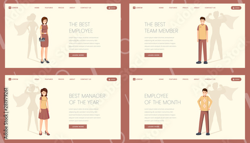 Best worker landing page vector template set. Super manager, employee, team member website, webpage. Excellent personnel, professionals, specialists with superhero shadow cartoon character