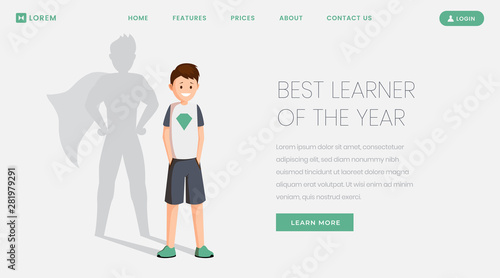 Best learner landing page vector template. Best student, excellent schoolkid of year website, webpage. Happy schoolboy with superhero shadow, teenager celebrating victory cartoon character