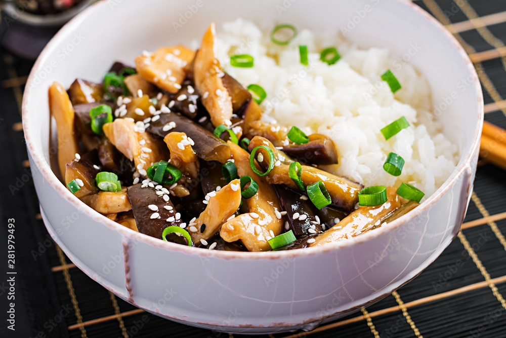 Stir fry with chicken, eggplant and boiled rice - Chinese food Stir fry with chicken, eggplant and boiled rice - Chinese food