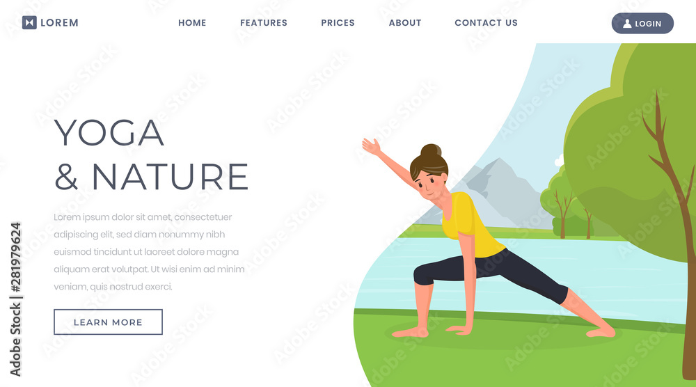 Yoga flat landing page vector template. Woman training body on nature, keeping fit website, webpage. Relaxed young girl practicing yoga outdoors, exercising and stretching classes cartoon character