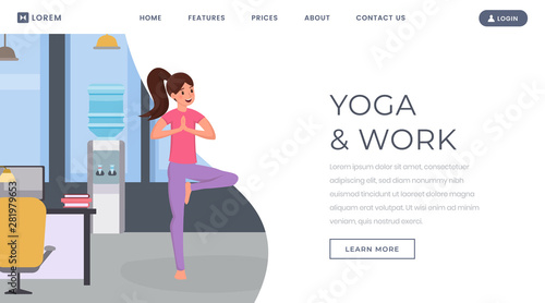 Yoga flat landing page vector template. Keeping fit, relaxing, training body at job website, webpage. Woman practicing yoga at work, office worker exercising cartoon character