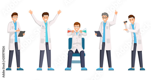 Researches flat vector characters set. Happy researchers wearing white coats cartoon characters. Cheerful lab workers with flasks, folders showing excitement, eureka gesture, raised index finger