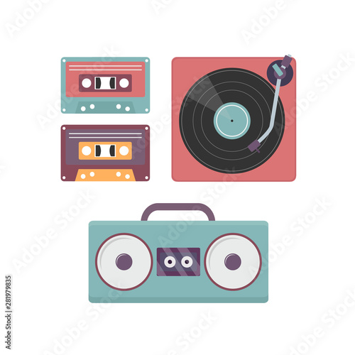 set of classical music devices. tape deck,  vinyl record player and cassettes. vector illustration