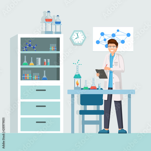 Researcher at work vector illustration. Male lab worker taking notes, describing test, chemical reaction cartoon character. Cheerful researcher doing experiments in laboratory, using lab equipment