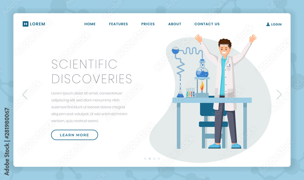 Scientific discoveries flat landing page template. Cartoon scientist testing experimental formula in lab glassware. Modern research center, chemical laboratory website page design layout
