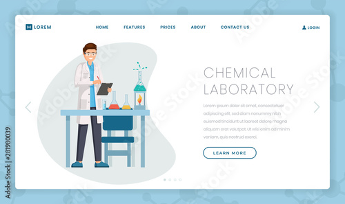 Chemical laboratory flat landing page template. Researcher, scientist in white coat describing chemical reaction results. Modern research center, innovative lab webpage design layout